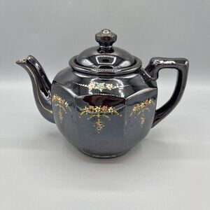 Brown Betty Redware 8-Sided Moriage Teapot Floral Enamel Hand Painted Japan - A